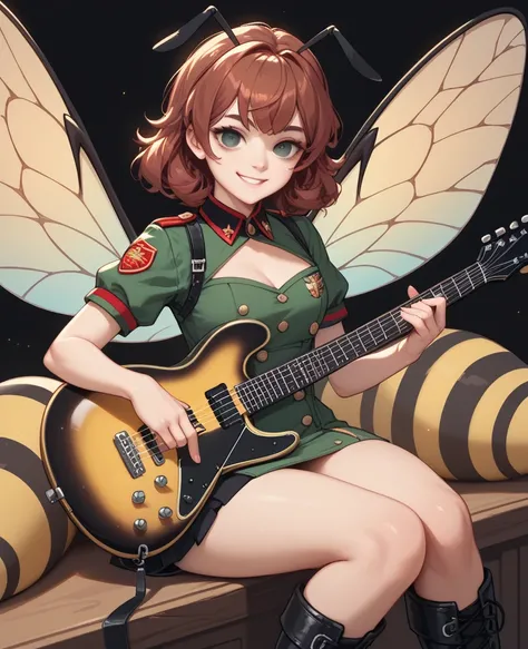1 girl,chest, long,Perm,droopy eyes,Reddish brown hair,smile,Tactile sensation on the head ,bee wings on the back,bee pattern mi...
