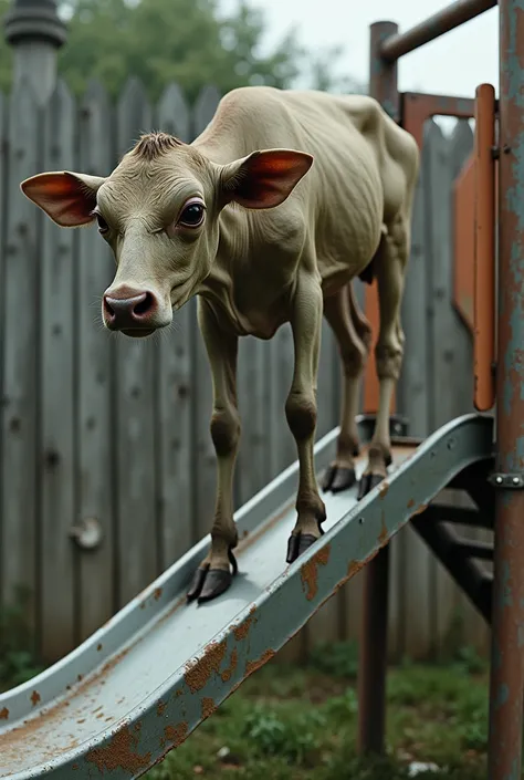 There was a very thin cow on a slide