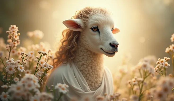 Jesus as the lamb, surrounded by soft light and flowers, symbolizing His purity and redemptive sacrifice, with a serene expressi...