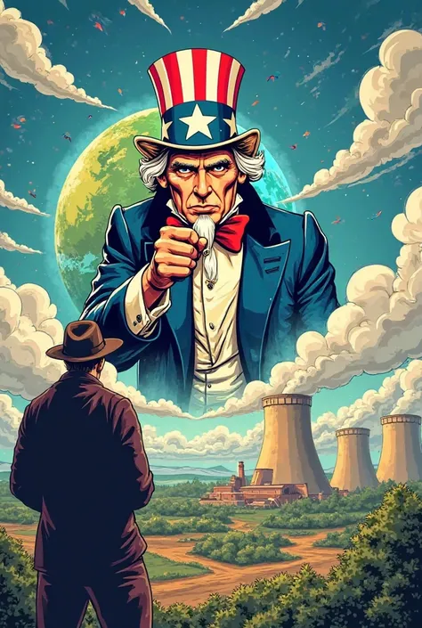Generate a comic book poster showing Uncle Sam looking at the earth from above he is looking through the clouds at a deforestati...