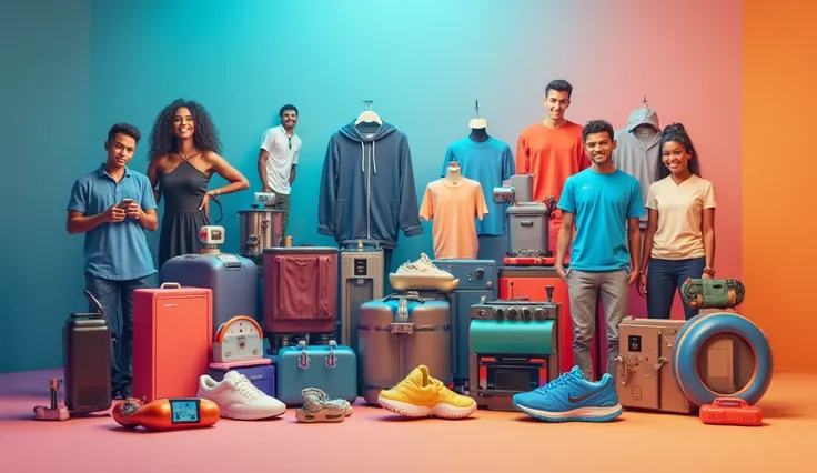A banner of different Amazon Products including tech gadgets and t shirts, shoes and kitchen products