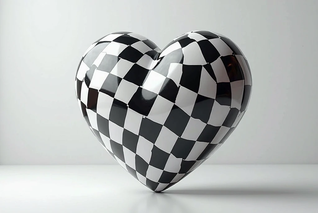 A black-and-white checkered heart-shaped object on a minimalistic light background, showcasing a glossy and reflective surface.