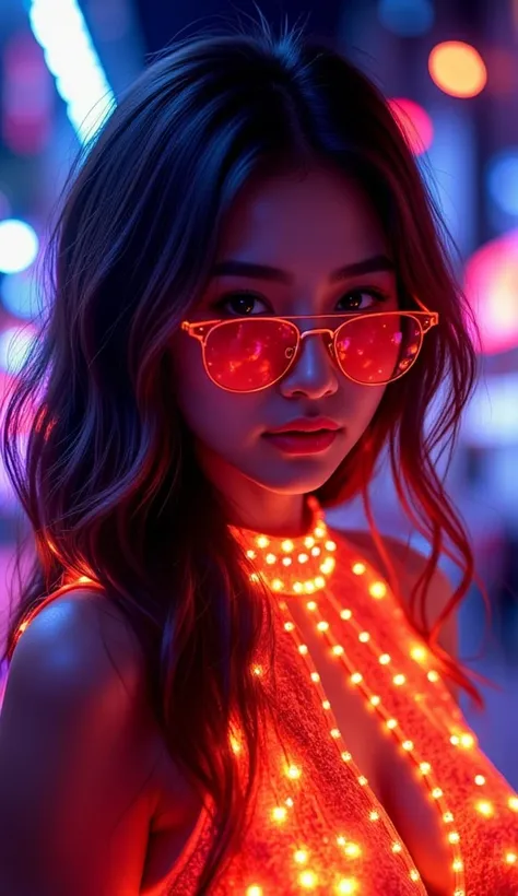 a full body bio limerent woman looking at viewer, Futuristic retro vaporwave, neon woman with long messy wavy hair, wears orange...