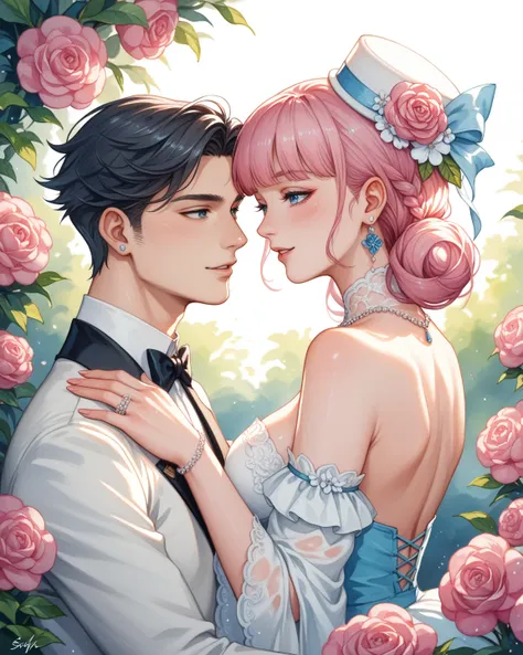 A romantic scene of a young Korean couple in traditional hanbok under blooming lilac flowers. The nobleman, wearing a black gat ...