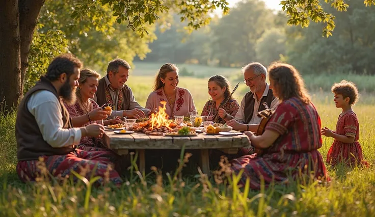 A joyful Romani family gathering in an open countryside setting, surrounded by lush greenery and warm sunlight. Multiple generat...