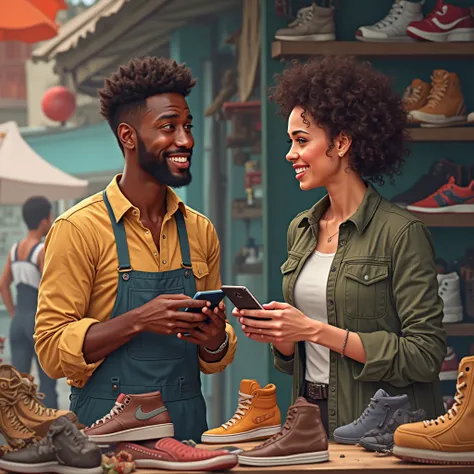 Black local male shoe trader smiling with customer after a successful transaction. Both of them are holding a phone