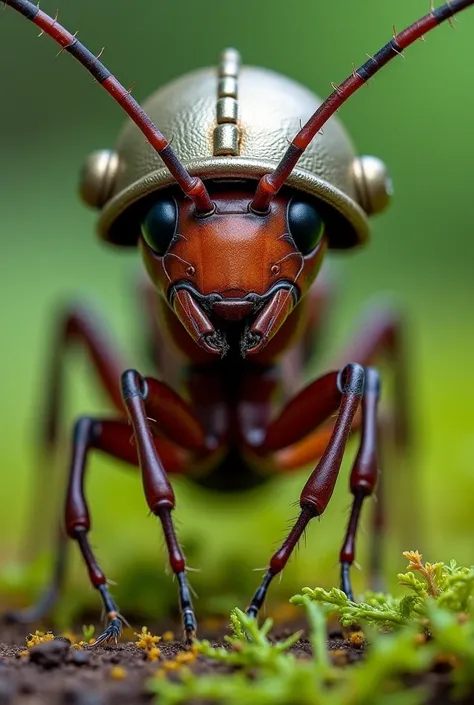 Ant with military helmet on green background