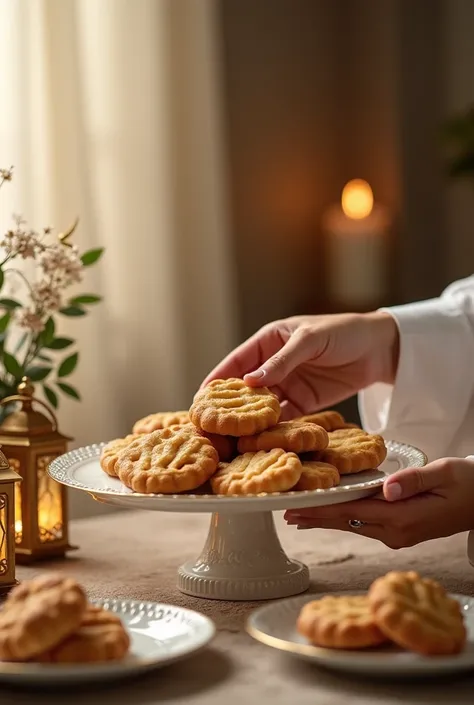 "A realistic and elegant Eid-themed composition featuring a hand gracefully holding a luxurious serving tray filled with freshly...