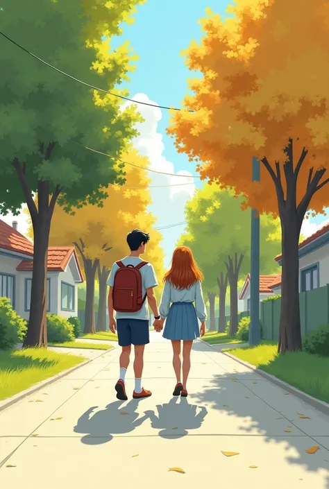 minimalist Sketch: A peaceful, almost cinematic scene of them walking home from school on a quiet, tree-lined street, with her l...