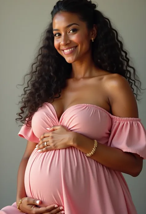 Generate a realistic and natural photo of a 35-year-old Brazilian woman, negra, is a bit plump , long curly black hair half tie...