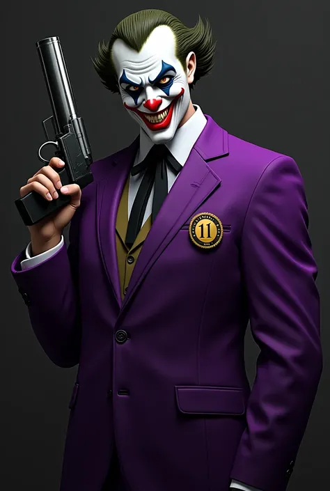 A pallasso, in a purple suit ,white shirt inside ,a black ribbon around the neck, straight hair sharp teeth, bloodied, mocking s...
