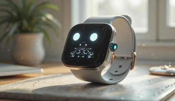 Ek table ke upar ek smart watch ka eye , nose, and mouth hai woh kuch bol raha hai