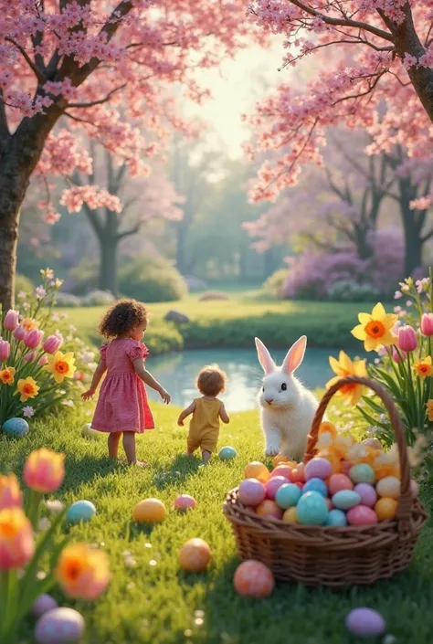 Vibrant Easter landscape, abundant trees and bushes, colorful flowers including cherry blossoms, lush meadow with a serene pond ...