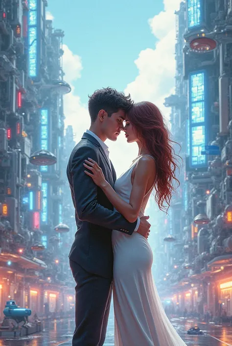 Un garçon et une fille en amoureux dans le futur avec l'inscription "tyron et Melinda"