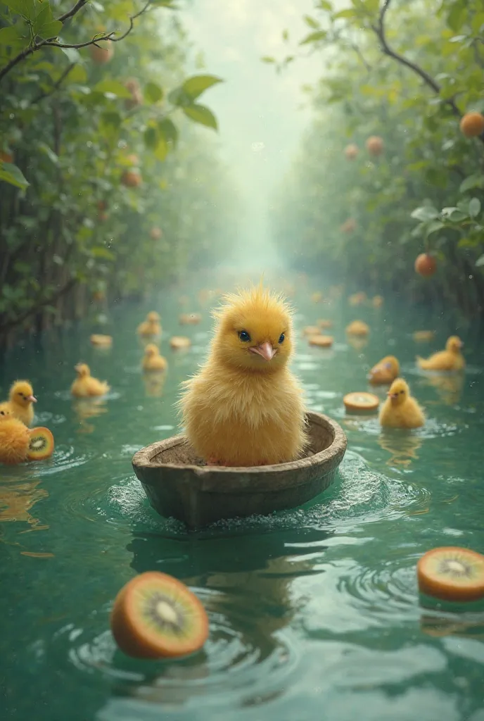 Generate for me a trip in a small boat of a chick with an almost human head and kiwis in the water