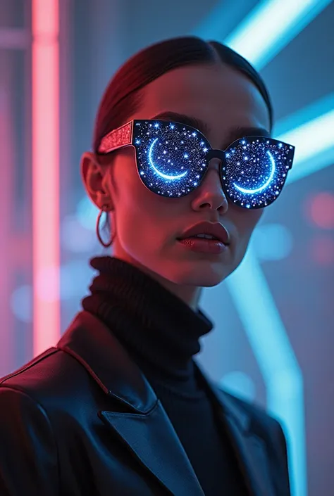 The model is wearing sunglasses with stars and the moon on the lenses