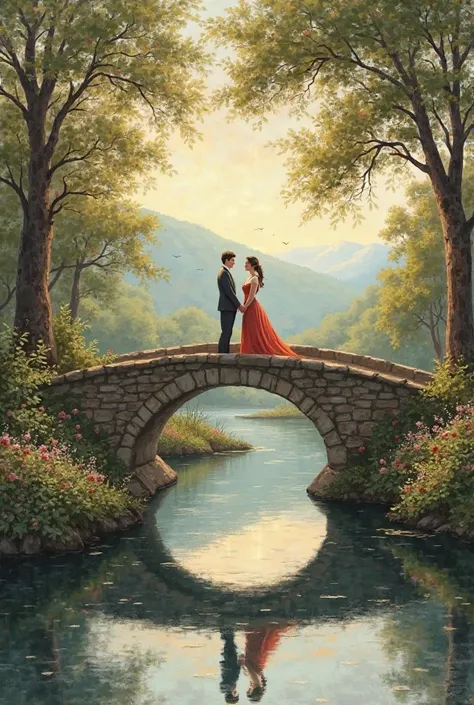 Create an image from the era of romanticism with a background of a bridge and a river and a couple together