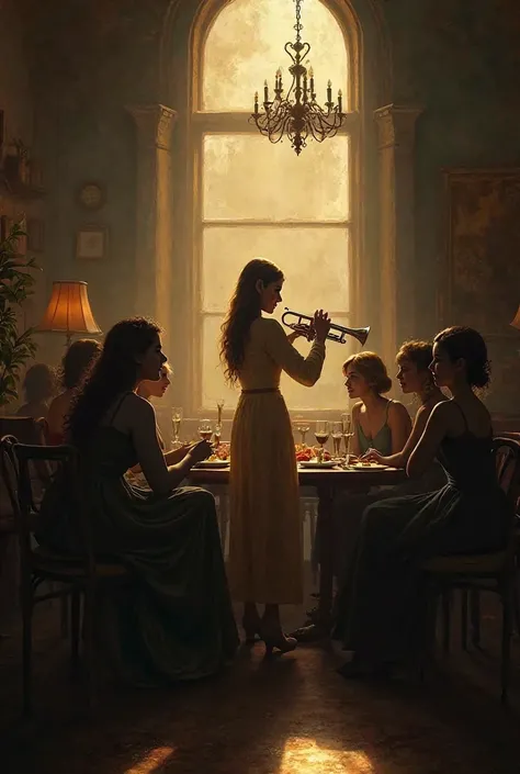 A trumpet and table of women