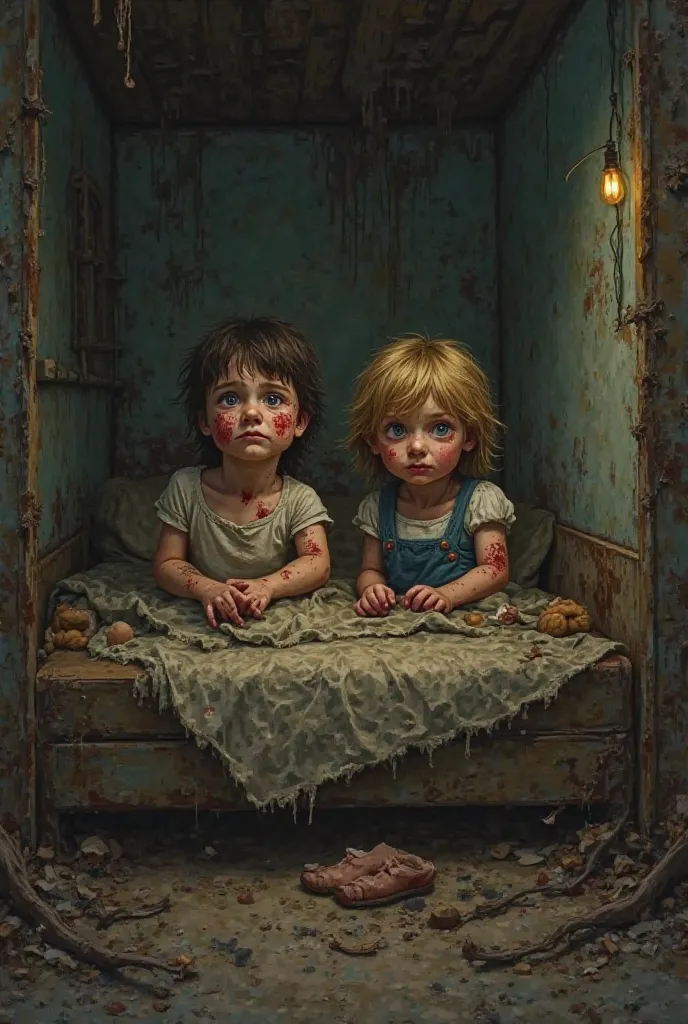 Hansel and Gretel wake up in a worn-out bed with bruises