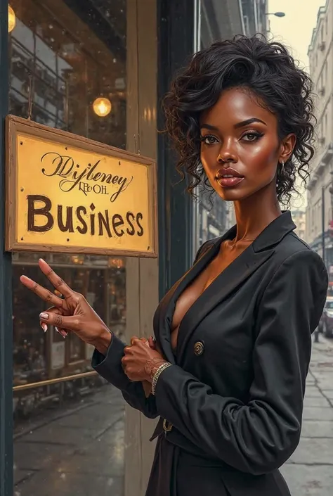 Une belle femme noir qui pointe du doigt à un panneau qui montre les services d'une entreprise
