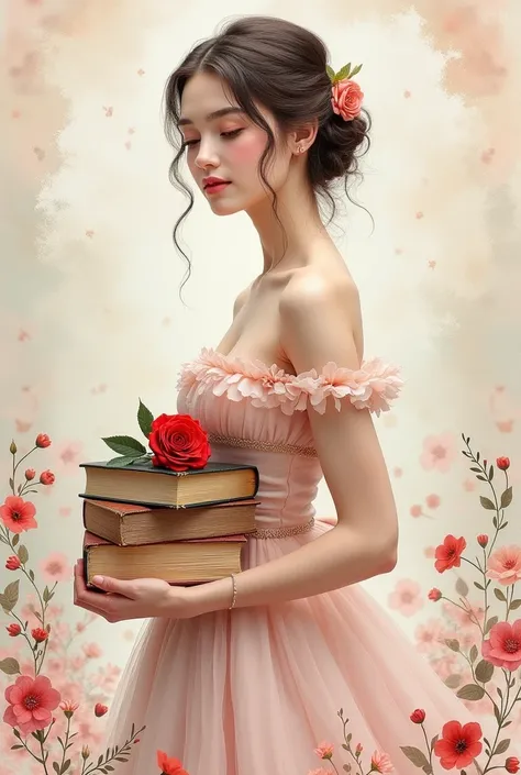 Create a watercolor image of a very beautiful young woman, wearing a princess dress, and holding a stack of old books in front o...