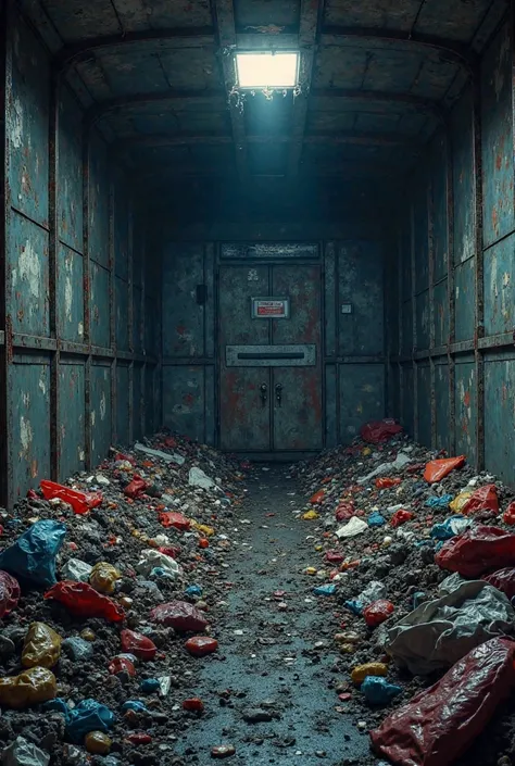 I would like to generate an image that is of a huge garbage truck inside. (That the garbage is toxic waste, and pieces of scrap)...