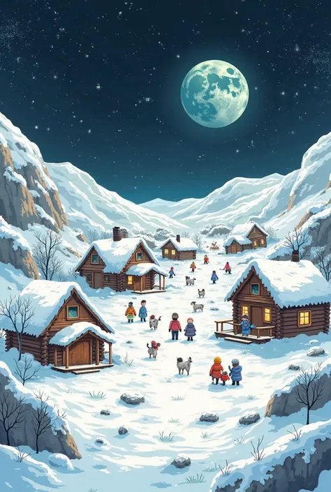 A highly detailed 6K resolution 90s anime illustration of a snow-covered village of log cabins, inside a crater on the moon