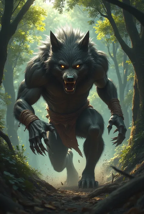 A very imposing werewolf with a strong gaze, very large muscles, an imposing appearance, wearing torn cloth around his waist, ve...