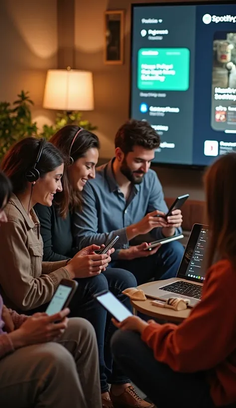 A diverse group of people in a cozy and modern setting, each engaged in listening to a podcast on their smartphones, tablets, or...
