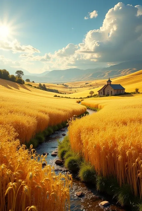 Los campos dorados de la region 

"Las colinas de la region  se extienden hasta donde alcanza la vista, covered by golden wheat ...