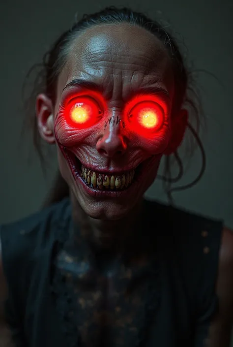 Create an image where the eyes are bright red X-rays and that have a stitched smile