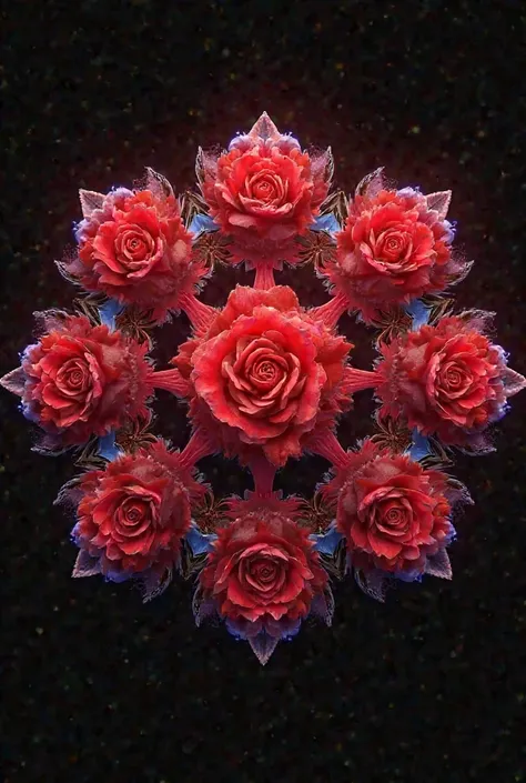 Generate the image of a beautiful mandala with images of red roses in illuminated colors Generate the image of a beautiful manda...