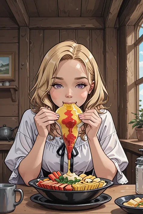 Peruvian girl, in custume clothes eating a delishus ceviche