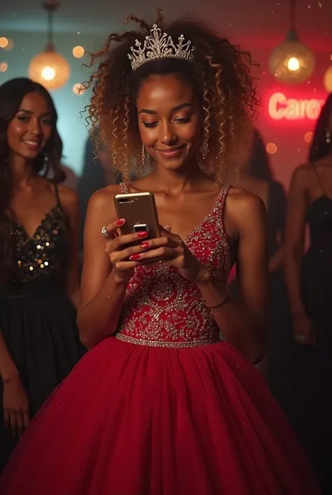 Full body, blonde-afro brazilian 13 Old girl, beige skin debutante girl, SHOWING the CELL PHONE *SCREEN For US viewers! With 5 C...