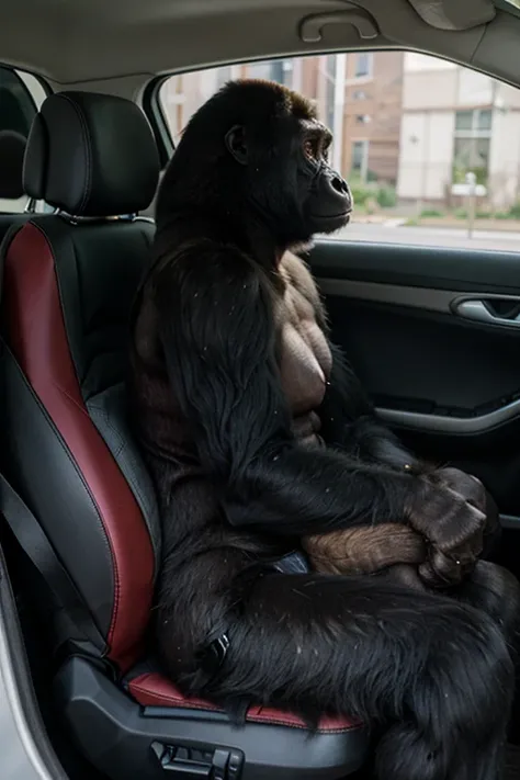 Gorilla sits in rear car seat