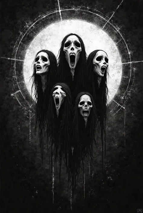 FOUR GHOST HEADS, Heavy Metal, Band logo, leveling, nicely, Black and white, Circle mark, Without Skull