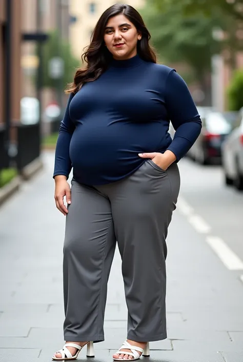 this chubby woman with big and big tummy wearing turtle nek navy blue tshirt , very dark gray wode panta and white double strap...