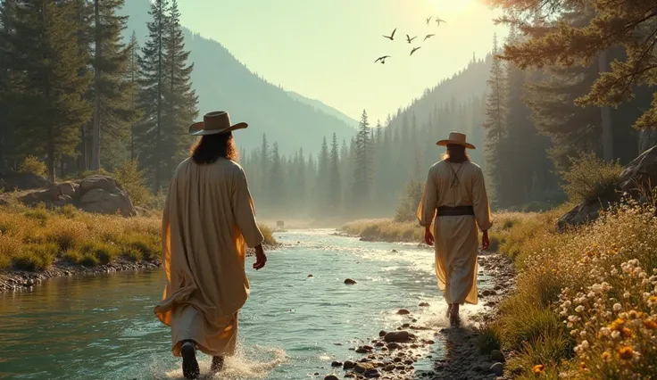 "A stunning scene of a cowboy and Jesus walking along a crystal-clear riverbank, surrounded by tall pine trees and wildflowers. ...