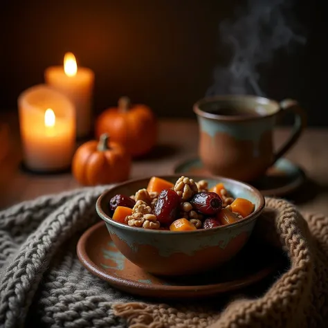 Cozy autumn snack arrangement: Churchkhela draped over vintage bowl with walnuts, dates and dried persimmons. Warm candlelight a...