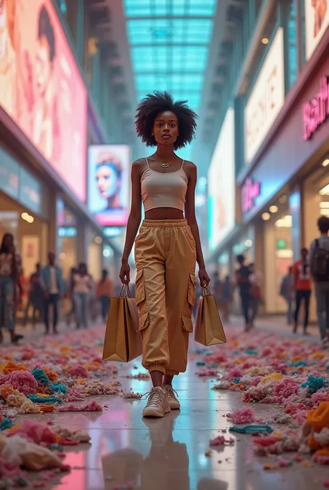 A modern Kenyan Gen Z woman from Nairobi, walking barefoot through a high-end shopping mall, holding multiple shopping bags. She...
