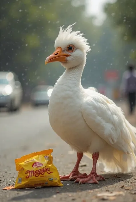 A white peigon was selling maggie packet on roadside in a city and humans were buting maggie packet from peigon peigon was taki...
