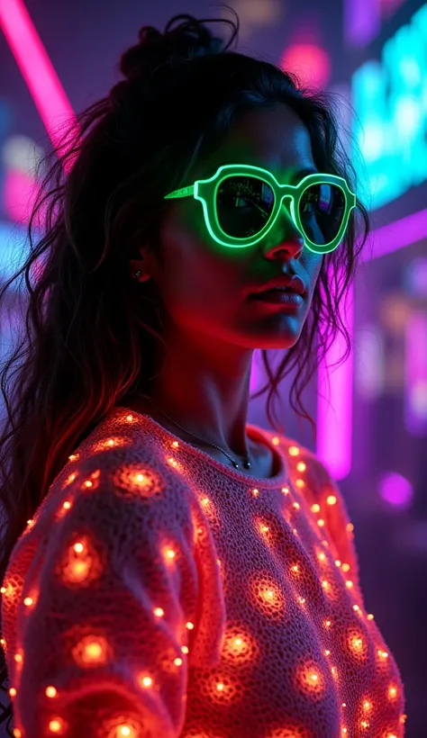 a full body bio limerent Indian woman looking at viewer, Futuristic retro vaporwave, neon woman with long messy wavy hair, wears...