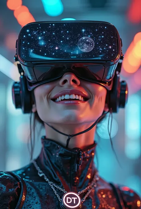 The model is wearing a futuristic ultra-modern virtual reality headset from the brand 'DT', beautiful and smiling AI cyberwoman ...