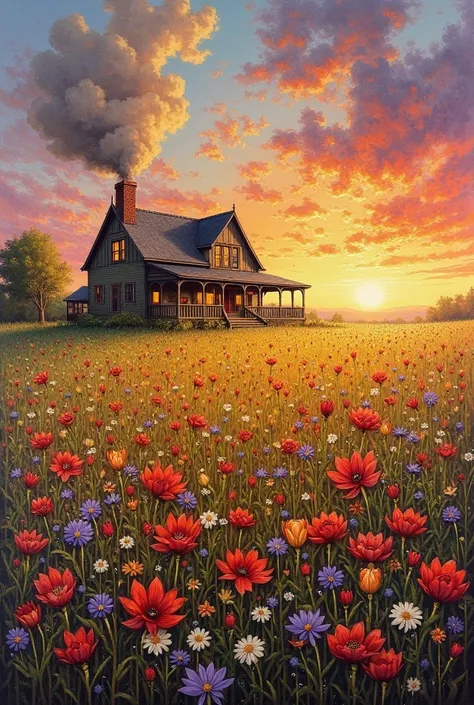 A flourishing prairie filled with a vibrant array of flowers surrounds a quaint house, smoke billowing gracefully from its chimn...