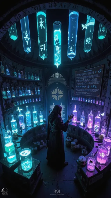 A circular chamber beneath an old cathedral, filled with ancient glass tubes, suspended liquids glowing cyan and violet, and whi...