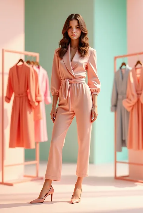Create an image of this outfit that looks attractive for clothing store with pastel colored background