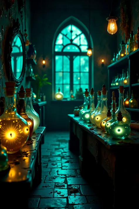 A potion shop where each bottle has an enchanted eye that blinks slowly as you approach. The shop is lit only by the glow of the...