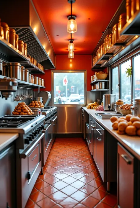 Create me an image of the interior of a food truck by Maritozzi with a planetary mixer, frullatore, forno, frigo, lavandino, ser...
