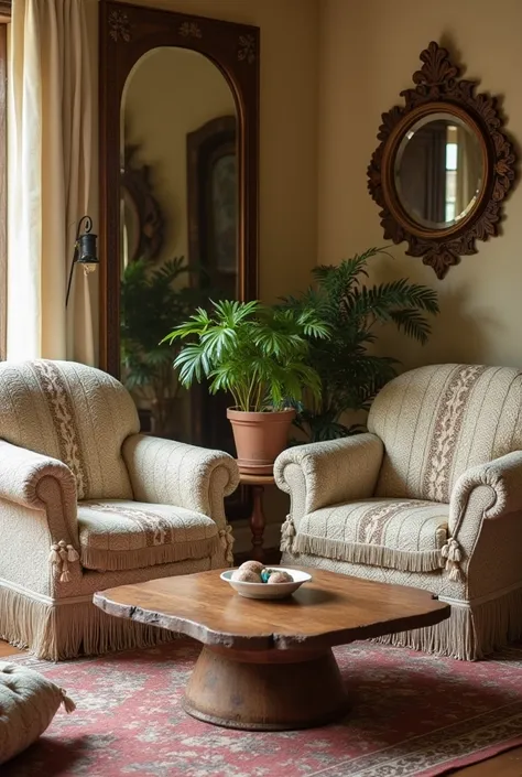 Boho style living room with armchairs, mesinha, espelho, plant pot and beige wall