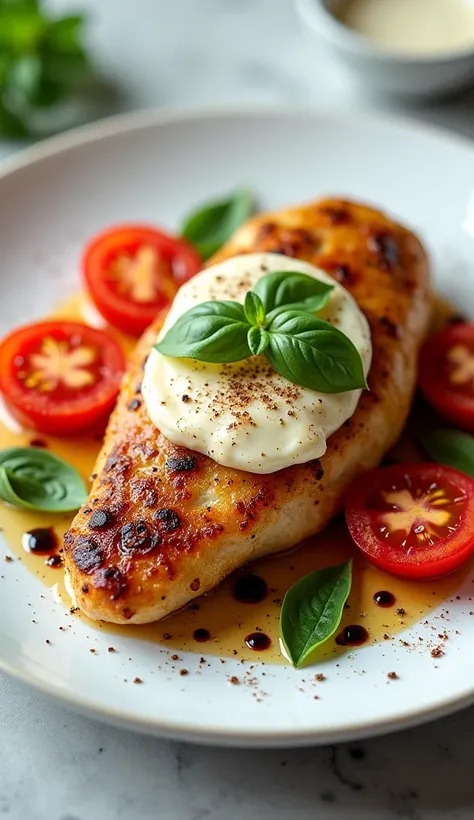 generate an ultra realistic image of caprese-chicken cooked and nicely decorated on a plate and pinterest frienldy. food should ...